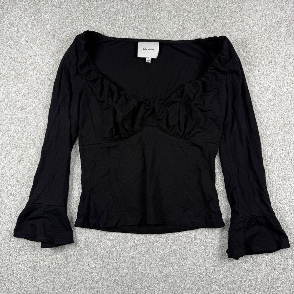 Reformation Top Women S Black Ruched Sweetheart Neck Bell Sleeve Lyocell Knit
